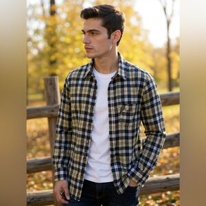 VSTR Men's Button Down Plaid Yellow Blue Brown Long Sleeve Top M-L